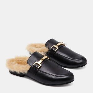Steve Madden Khloe Black Leather and Cream Fur-Lined Loafers sz 10